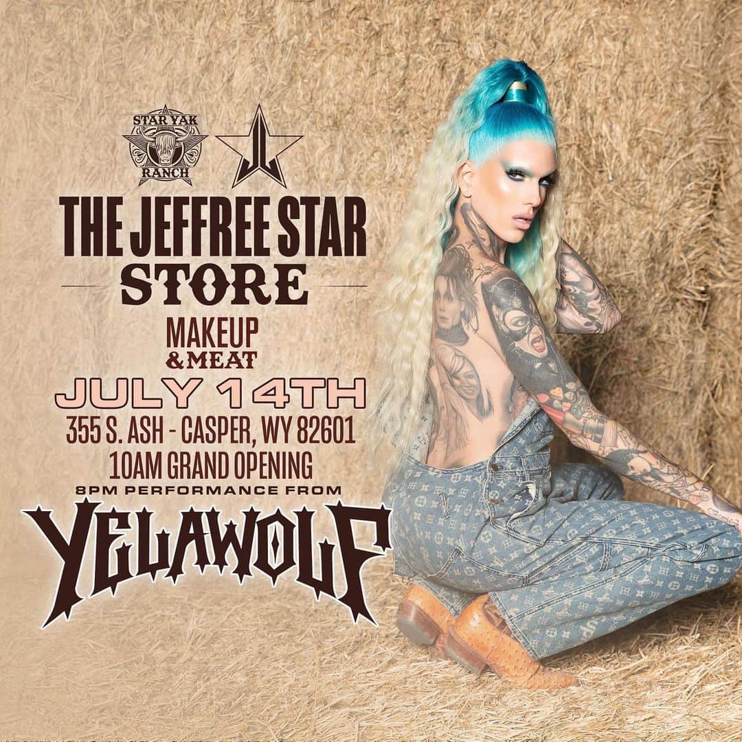 Jeffree Star Cosmeticsのインスタグラム：「🔥WE ARE ONE WEEK AWAY!!!🔥 Our FIRST EVER retail store is opening on JULY 14TH!!!! The #JeffreeStar Store: Makeup & Meat is one of a kind and located in the heart of downtown Casper, Wyoming 🙏🏻 The store will have the FULL range of JSC products, as well as the full range of meat products from Star Yak Ranch💄🥩 There will be exclusive products ONLY available at the store!!! Come celebrate the GRAND OPENING and pink ribbon cutting party with us starting at 10AM!!! 😈 I’ll be doing a meet & greet of course!!! Whether you are a local or traveling from out of state, this event is going to be incredible and I would be honored if you joined. 🤠 We are partnering up w David Street Station to  bring you the iconic @yelawolf for a live concert! See you there!!! 💗」