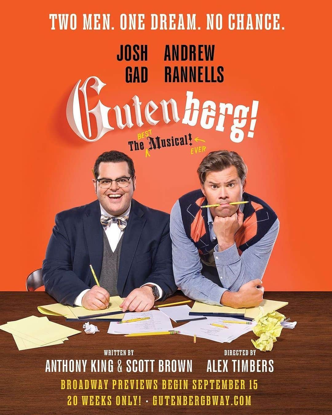 ジョシュ・ギャッドのインスタグラム：「GUTENBERG! The funniest thing to come to Broadway since 1448 (which is the year the printing press was invented by Johannes Gutenberg, who is the subject of this musical, but that’s not important right now). #gutenbergbway」