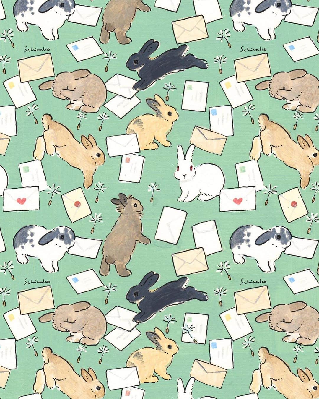 森山標子(しなこ)/Schinakoのインスタグラム：「Letters and bunnies💌 元気の便り✉🐇  元保護うさぎさんが、里親さんのところに行った後、元気に過ごしていることを保護主さんに伝えているイメージの絵です🐇」