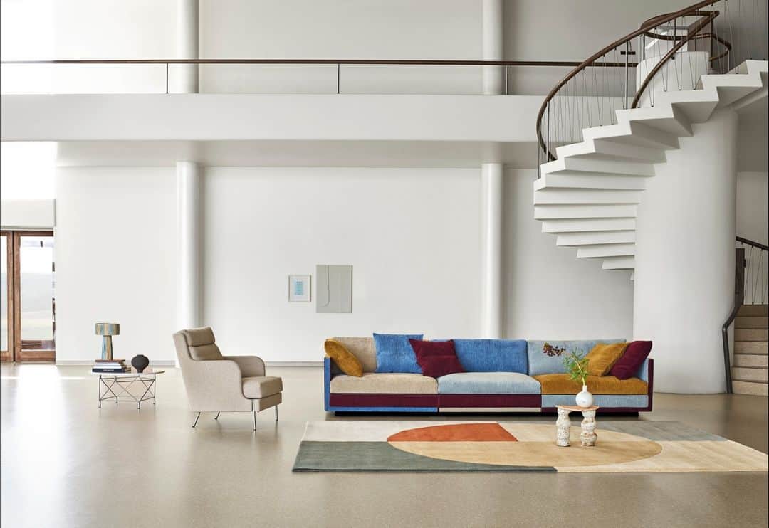 eilersenのインスタグラム：「The Great Ash sofa in the new Bauhaus multicolour version together with the Funen lounge chair designed by Pierre Sindre.⁠ ⁠ Great Ash is, with its elegant lines and beautiful symmetric appearance, a sofa that is decorative in any living room. The wide seat cushions are deep and soft. You can combine the fixed cushions with a bunch of loose smaller pillows and obtain a relaxed and luxurious look.⁠ ⁠ Sofa: Great Ash Bauhaus multicolour designed by Jens Juul Eilersen⁠ Chair: Funen high back lounge char designed by Pierre Sindre⁠ Table: Spider designed by Andreas Hansen⁠ ⁠ ⁠ ⁠ #eilersen #eilersenfurniture #myeilersen #enjoyaneilersen #greatash #jensjuuleilersen #funen #pierresindre #homedecor #sofa #danishdesign #inredning #finahem #interiorlovers #interiordesign #modernliving #minimalism #nordiskehjem #nordicinspiration #nordicliving #craftsmanship #boligindretning #designinterior #livingroominspo #boliginspiration  #hemindredning #schönerwohnen #nordicminimalism #designinspiration #throughgenerations」