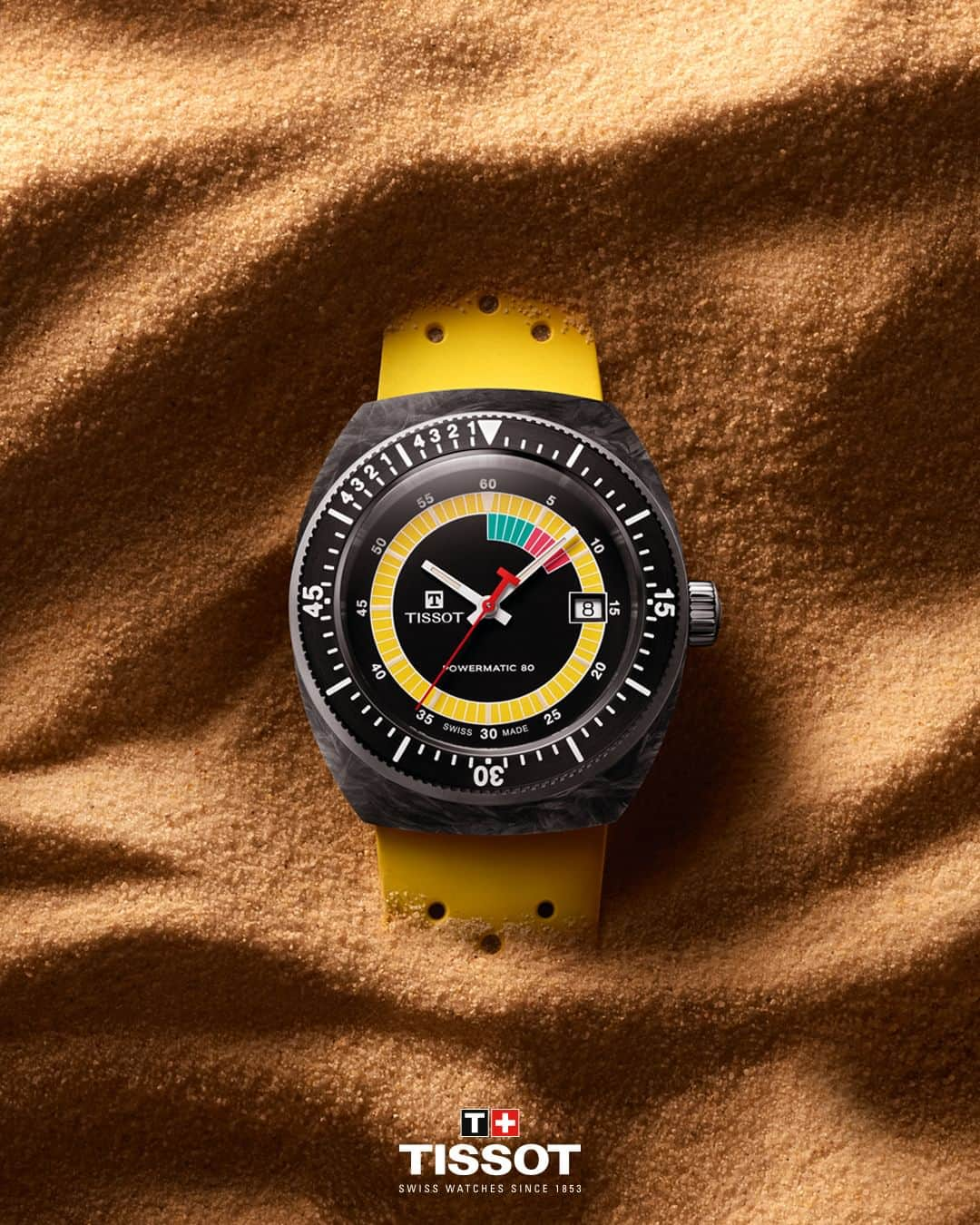 ティソのインスタグラム：「Built for adventure and designed to impress, the Tissot Sideral Collection is the perfect summer accessory. It's both stylish and functional, with 👉 water resistance up to 300m 👉 a black PVD unidirectional bezel  👉 multi-colored luminescent animation」