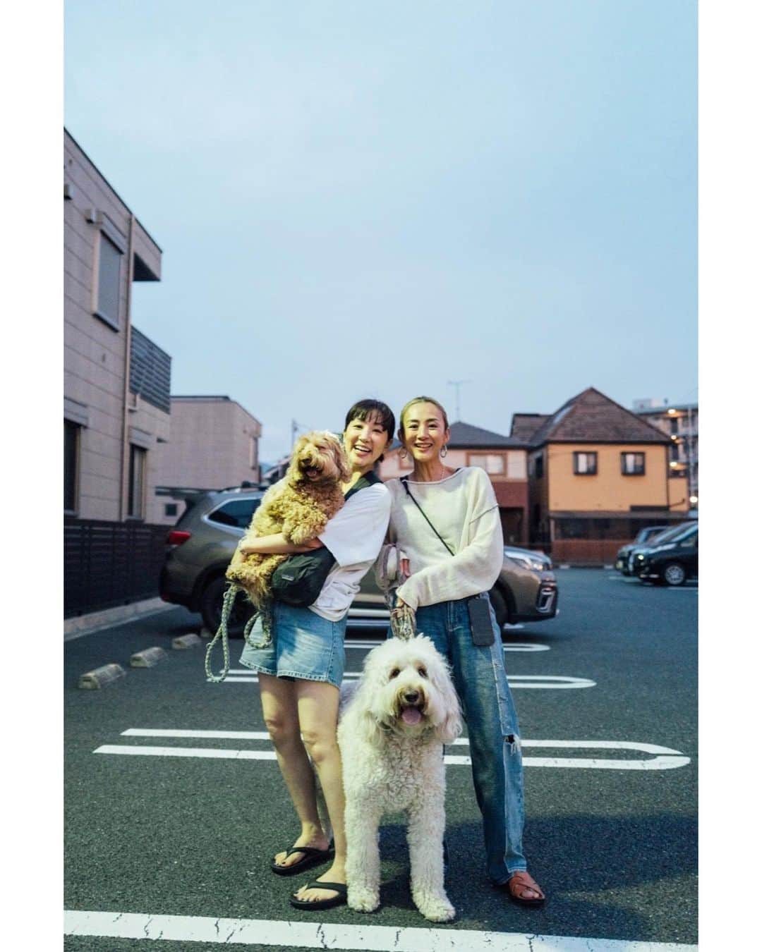 土井地恵理子のインスタグラム：「・ 仕事帰りに近かったので 突撃訪問した @izumisudo  モフモフ達が可愛いすぎて癒された✨  が！リードを持ったら すごい力の強さで 完全に引っ張られる私ww 心の底からいずみちゃんのすごさを 実感しました😳  いい夕暮れ時間だったな◡̈  #ラブラドゥードゥル」