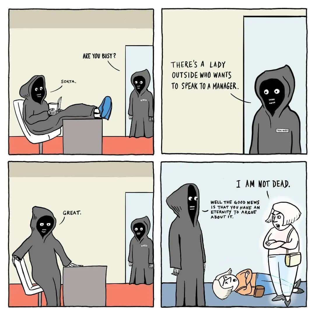 9GAGさんのインスタグラム写真 - (9GAGInstagram)「plenty of time to think of new arguments ✍🏻 @mediocreheroes  - #death #grimreaper #karen #manager #comic #9gag」7月9日 7時00分 - 9gag