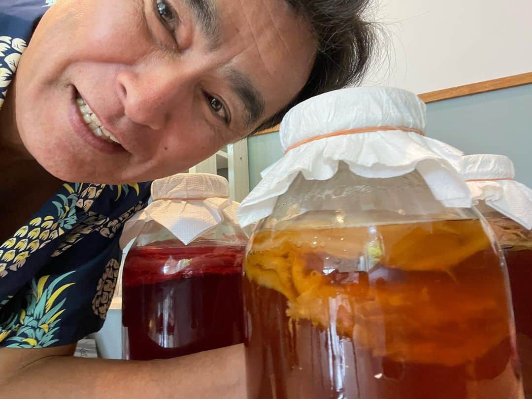 のインスタグラム：「これ、何だか分かります。“こんぶちゃ”は、韓国由来の整腸作用の健康食品だとか。オシャレなカフェに取材に出かけ初めて聞いた。 でも、紅茶に浮かぶこの物体、どこかで見た覚えがある。なんと、その正体は昭和の子供には懐かしい“紅茶キノコ”。流行った、流行った。とはいえ、子供が実物を目にする機会は無かった。やがてブームが去ると紅茶キノコは一斉に捨てられた。東京の下水道中が紅茶キノコに覆われたという都市伝説を僕らは信じた。 で、紅茶キノコを初体験。グビッと一気にいきました。微発泡が僅かに舌を刺激する。味は凡そ、飲むお酢と同じ酸っぱさ。 僕どう見えます。最近、元気？」