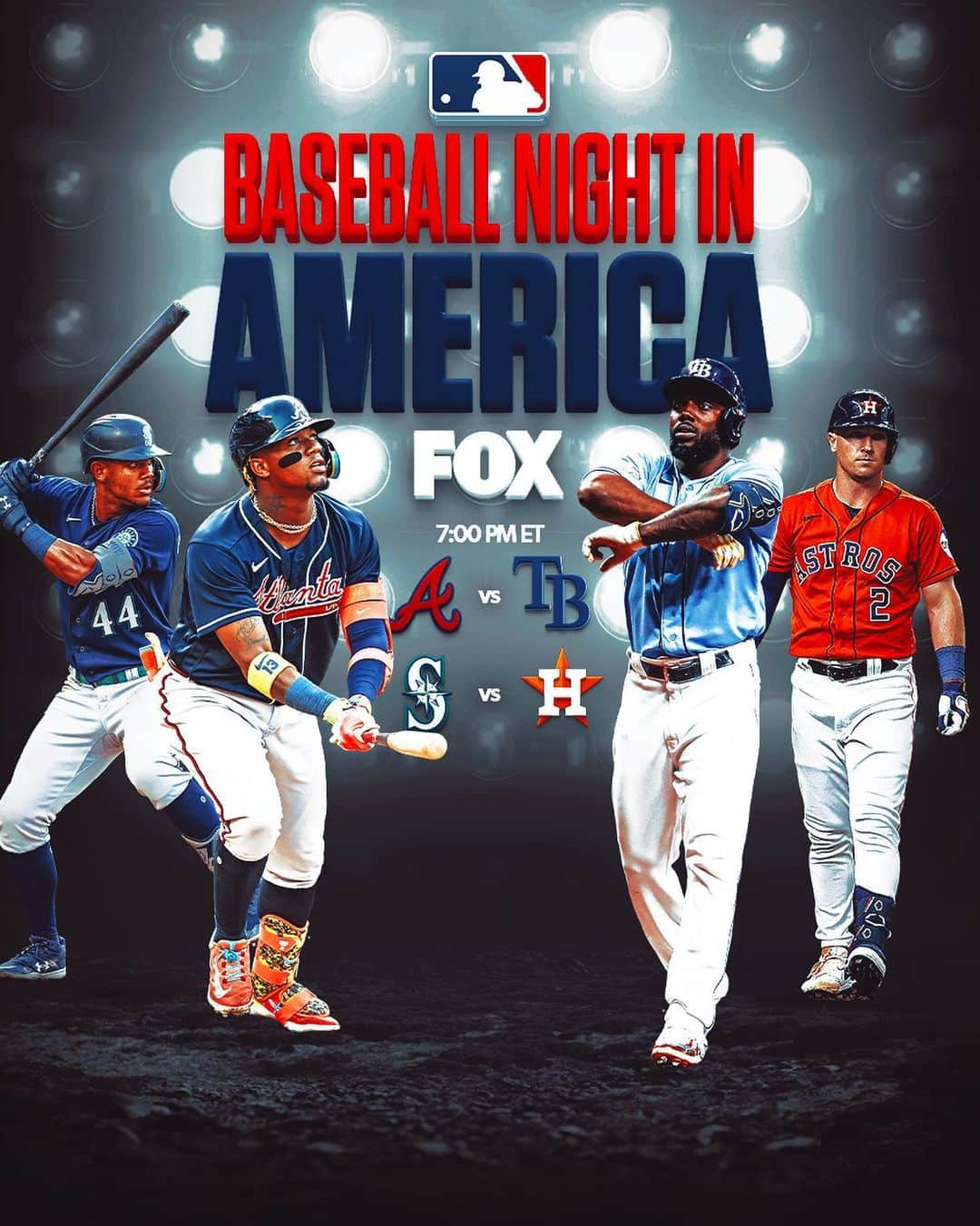 MLBさんのインスタグラム写真 - (MLBInstagram)「It’s Baseball Night in America TONIGHT on FOX 📺⚾️  ▫️ @braves vs. @raysbaseball  ▫️ @mariners vs. @astros」7月9日 1時57分 - mlb