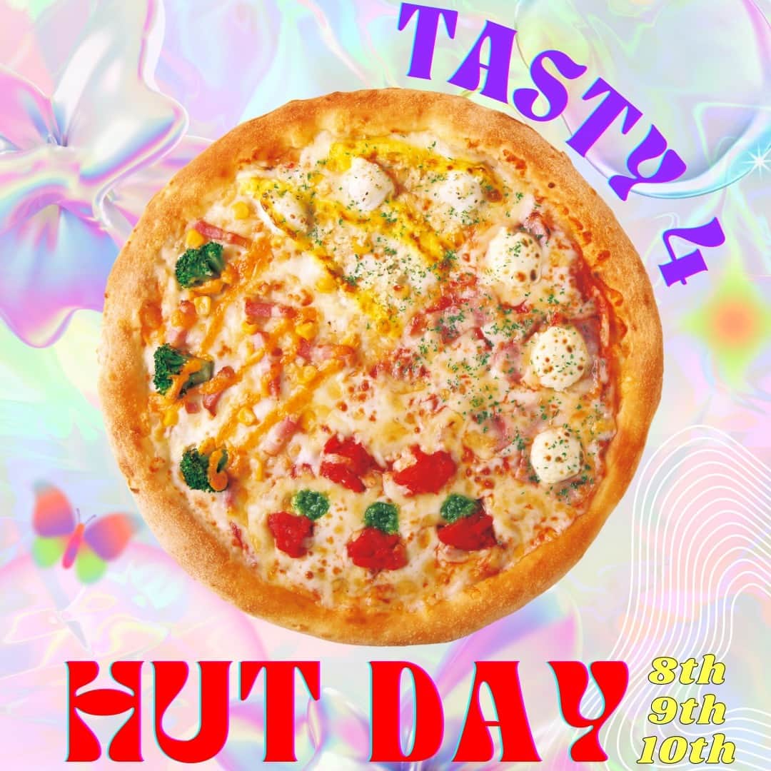 のインスタグラム：「#ハットの日 1,080円パック✨  お持ち帰りで、8､9､10日が超おトク！  月替わりピザ🍕Mサイズ と､｢選べるサイド｣🍗🍟🍯  7月のピザは、 「テイスティ4」🍕  ＋選べるサイド🍗🍟🍯  が、なんと1,080円👏✨  ●ピザ ・テイスティ4  ●選べるサイド ・ハットフライポテト Mサイズ ・チキンナゲット Sサイズ ・もちっと！ハニーフォカッチャ  3日間の期間限定なので、 おトクにピザを食べてくださいねっ🌈  #ピザハット #テイスティ4 #テイクアウト #お持ち帰り #お買い得 #おトク #お得 #お得情報」