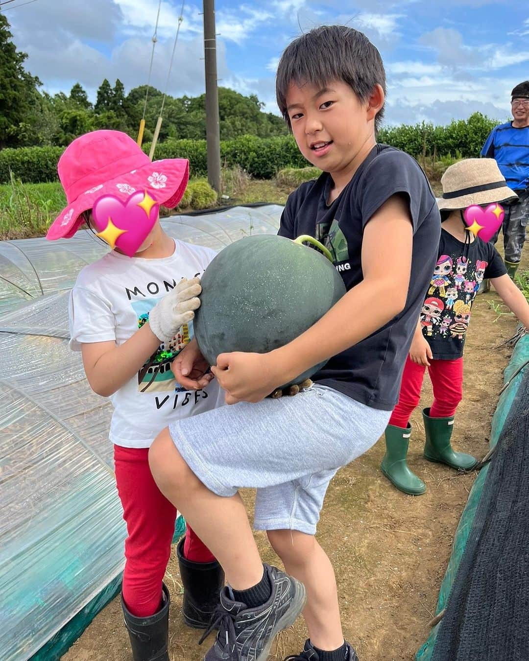 東尾理子さんのインスタグラム写真 - (東尾理子Instagram)「春に種まきした夏野菜の収穫🥒 @yachimata_official   キャベツ ピーマン🫑 おかひじき トマト🍅 とうがらし ナス🍆 バジル🌿 しそ 西瓜🍉 メロン🍈  キャベツを抜くのに、全体重をかける次女😆  自分で育てたお野菜を収穫して頂く✨ 苦手なお野菜もチャレンジするきっかけになるよね💡  実際には子どもたち、収穫したら食べなきゃ、を分かってるので、苦手な物は切らずにスルーしようとするんだけどね🤣笑笑  そこをなんとか説得なのか、騙すのか⁈最初の一口をチャレンジさせる工夫を考えるのが、子育ての楽しいところ😁  #子育て #3人兄弟 #畑 #八街ふれ愛オーガニックファーム」7月9日 11時33分 - rikohigashio