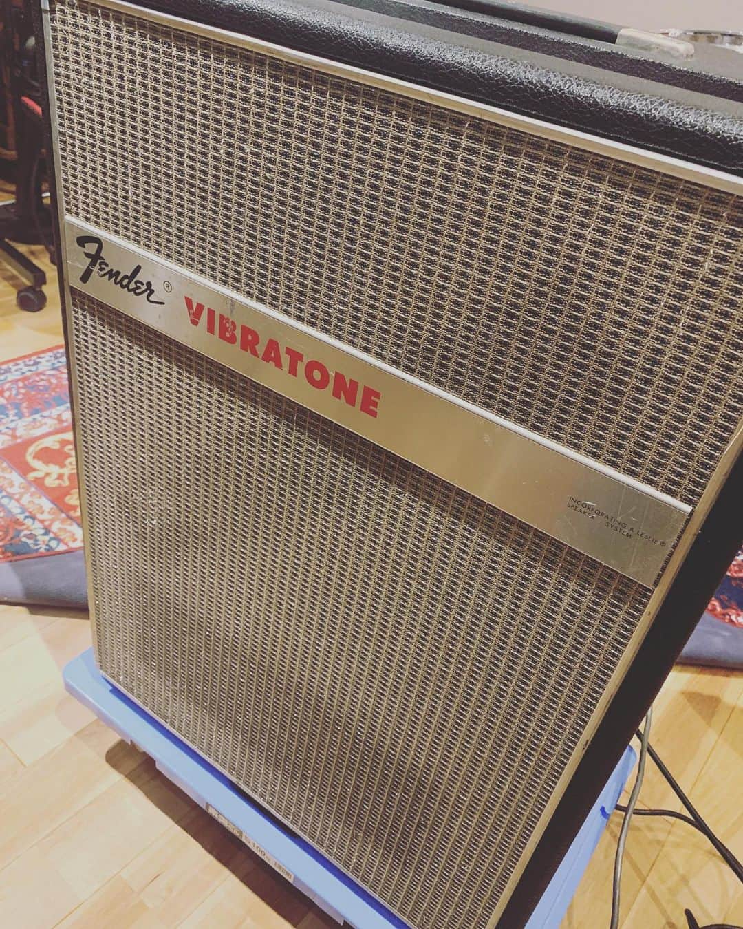 島田昌典のインスタグラム：「Fender vibratone ！ ミリメーターギターズさんでジャンセンスピーカーに交換やメンテナンスして頂き極上のローターキャビに！気持ちいいー☺️  #fender #vibratone #バラスーシ」