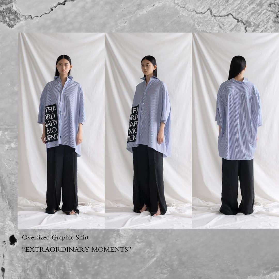 TARO HORIUCHIのインスタグラム：「#tarohoriuchi 2023 S/S ‘EXTRAORDINARY MOMENTS’  ・ Item: Oversized Graphic Shirt Color: stripe Size: 1 Model height: 175cm ・ #tarohoriuchi23ss  thproductsonline.com」