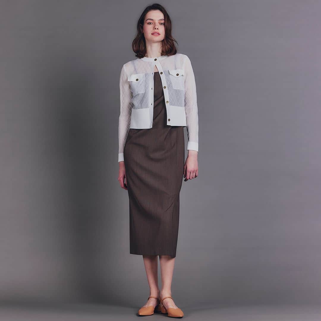 Double Standard Clothingのインスタグラム：「. NEW ARRIVAL 2023 PRE-FALL COLLECTION . [TOPS] Sov. / シアーケーブルカーディガン price. 31,900円(税込) color. オフ / ブラック size. 36 / 38 . ------------------------------------------ #doublestandardclothing #tokyo #DSC #sov #nightstore #fashion #ootd #2023prefall」