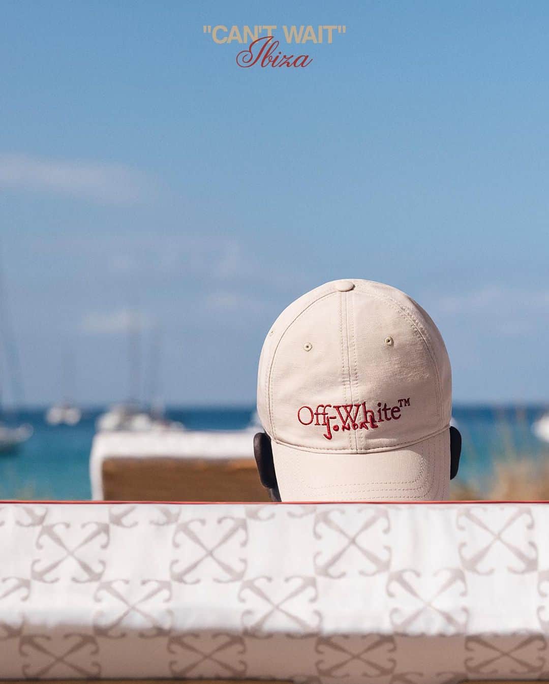 OFF-WHITE C/O VIRGIL ABLOHのインスタグラム：「Off-White™ takes over Casa Jondal  employing natural materials adorned with signature Jondal-red stitching and the collection’s "CAN’T WAIT" graphics, the capsule channels the summer mood on one of the world’s most renowned islands  — Cala Jondal s/n, 07839, Illes Balears, Spain  photography c/o @monica_figueras」