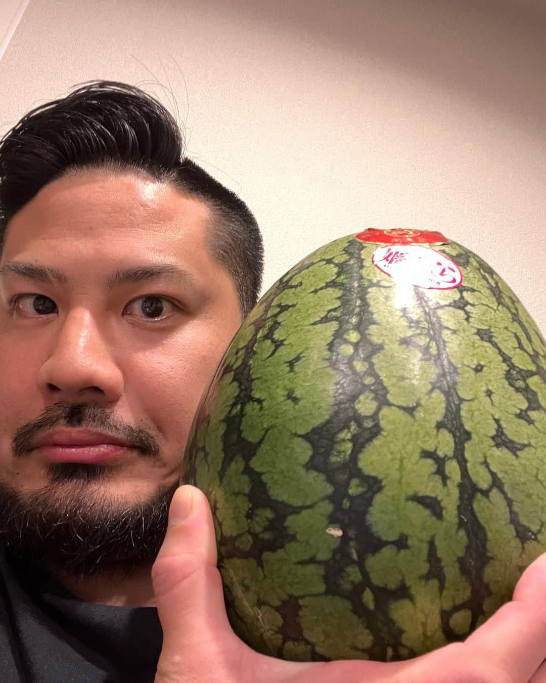 芦野祥太郎のインスタグラム：「姫まくら🍉 甘くて美味いッ！ 向後正さんが作るスイカだそうです 正さんに感謝！！  #姫まくら #スイカ#すいか#すいか🍉 #西瓜#🍉 #Suica #ajpw #プロレス」