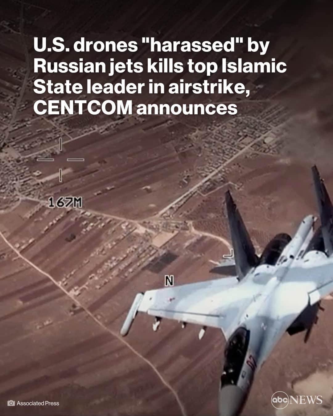 ABC Newsのインスタグラム：「Three U.S. drones that were "harassed" by Russian jets carried out airstrike on a top Islamic State leader, CENTCOM announces. More in link in bio.」