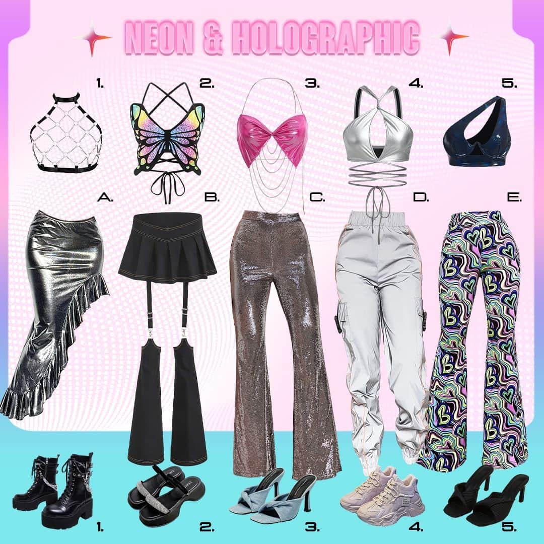 SHEINのインスタグラム：「Say it with our Neon & Holographic collection. 🌟🔥  🔎10082290 10614063 14551206 14082073 16762314 16078720 11648917 11617132 10458826 10884116  #SHEINxVELD #SHEINmusicfest」