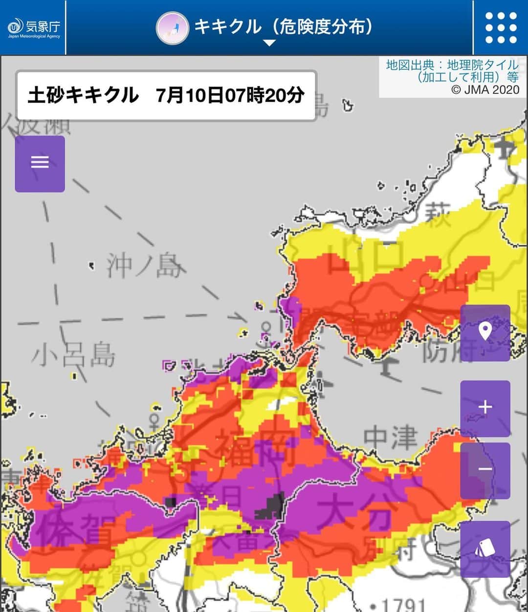 根本美緒さんのインスタグラム写真 - (根本美緒Instagram)「福岡県に大雨特別警報が出ました。 朝倉、東峰、添田、久留米、八女、うきはの各エリアです。 山国川が氾濫しています。浸水害、土砂災害、など既に甚大な被害が出ている恐れがあり、自治体の情報を入手し身の安全を確保して下さい。 前線による線状降水帯が発生したためです。 写真は気象庁のホームページのキキクルです。 大分や佐賀なども被害範囲が広がっています。フォロワーさんの中には大分の方も多くいらっしゃいますが、くれぐれもこの後の状況に警戒をお願いします。 #気象情報 #天気予報 #大雨特別警報 #警戒レベル5 #山国川 #福岡 #九州北部 #気象予報士」7月10日 7時48分 - nemotomio.official