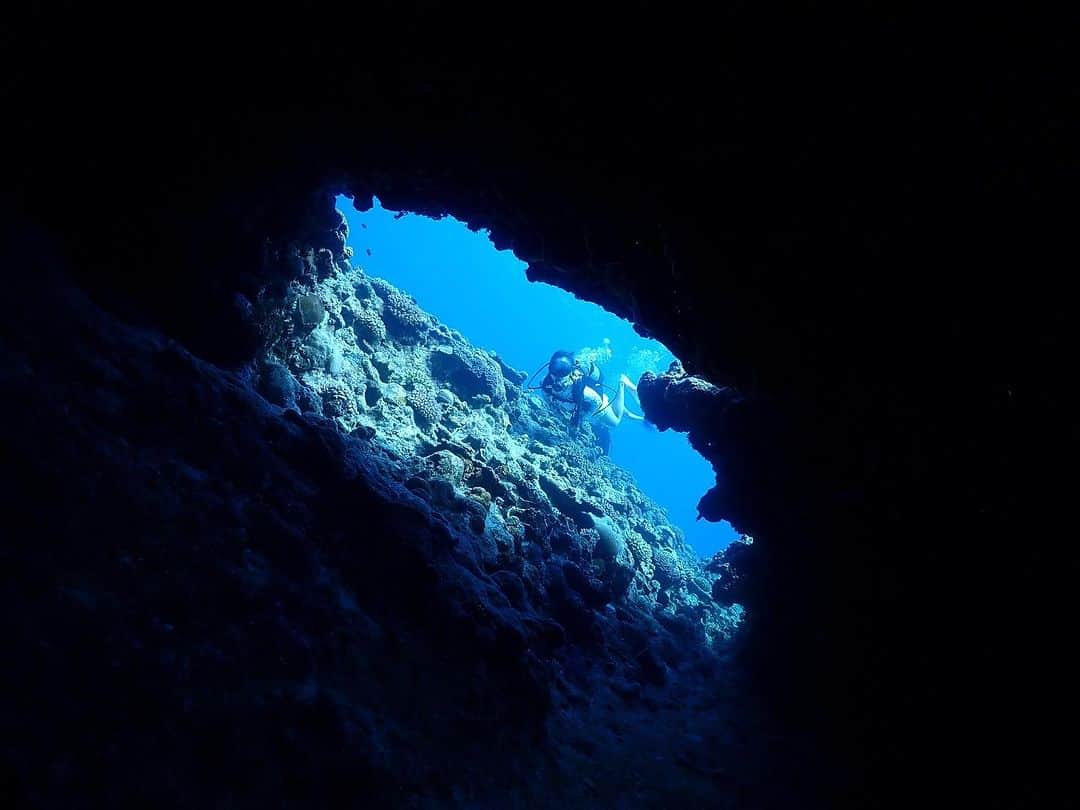呉屋ありさのインスタグラム：「. . 洞窟とか地形が好き  #🌏   @nobu_mahaloha  @ayaca.1224   ダイビングは mahalohaご夫婦にお世話になってま〰︎す  ライセンスもこちらで取ったよ✌️  いつも良いポイントあざす🐠  #diving  #dive  #okinawadiving  #nature #sports  #swim #myhobby」