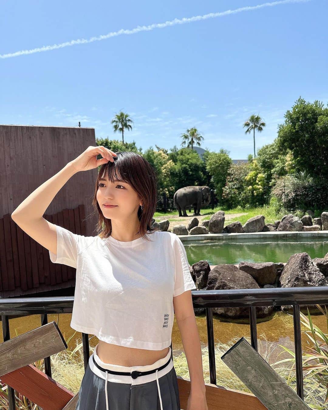 marikoのインスタグラム：「＊ . めっちゃ暑かったなあ☀︎ ゾウさんと一緒に🐘  T shirt @dazy_fashion (18391024)  クーポン▷ LOVEDAZY111  . ＊ #ootd#outfit#mari_code#fashion#ママコーデ #SHEINDazy#Dazy#SHEINforAll#和歌山観光#南紀白浜アドベンチャーワールド」