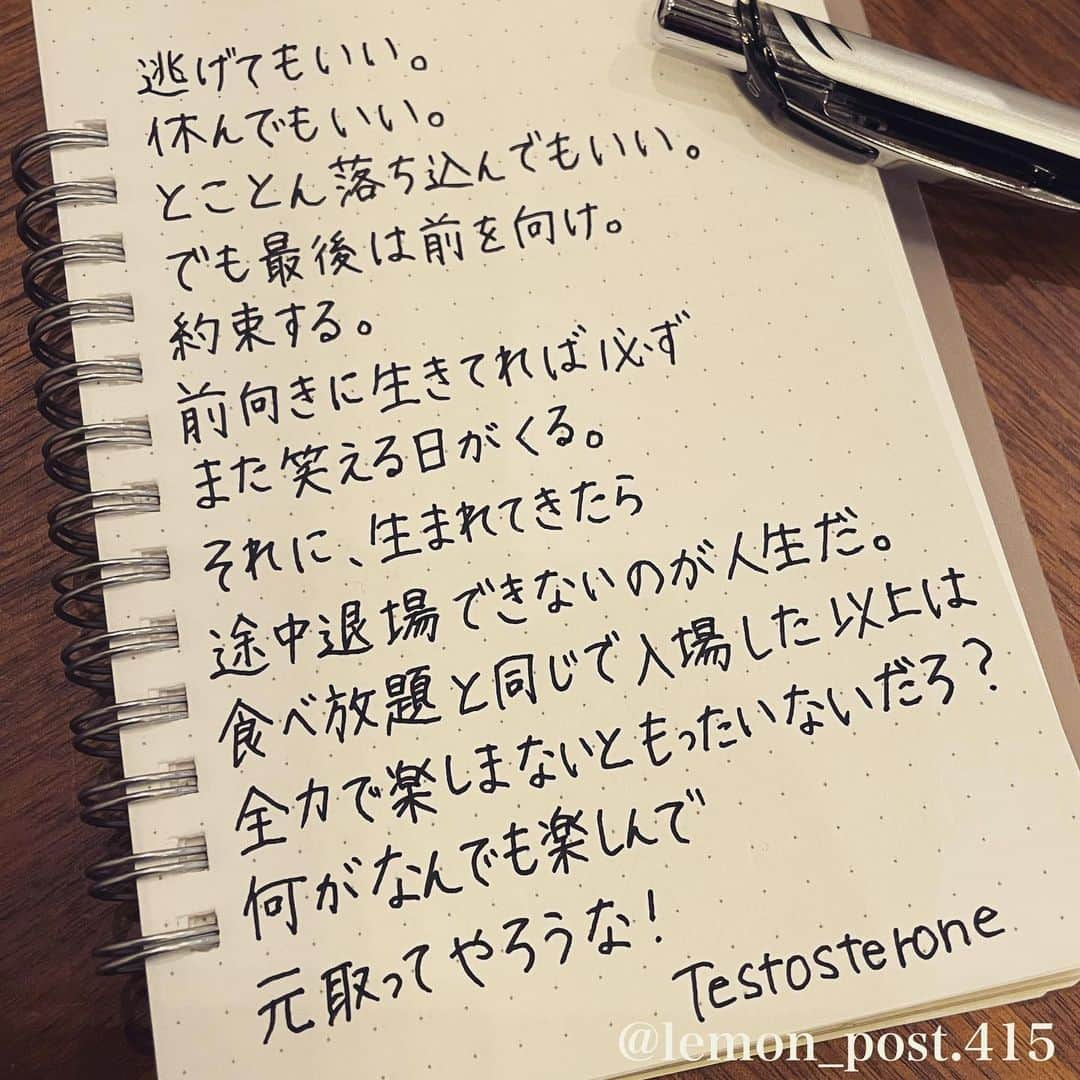 れもんさんのインスタグラム写真 - (れもんInstagram)「⋆ ⋆ #testosterone さん ⋆ ⋆ 食べ放題では元取ろうとして 張り切って食べまくるタイプ。←いらん情報 ⋆ ⋆ 今日も一日お疲れ様でした‼️ 明日もがんばろーε( ε ˙³˙)з。○º ⋆ ⋆ ⋆ PS アメブロやってます☺️ よく質問を頂く内容の返信や 学生時代の筆跡など 色々書いていきます👍 ⋆ InstagramやTwitterのプロフィールや ハイライトからも飛べます✈️ いいねやフォローも是非 お待ちしてます💟 アメンバー申請も よろしくお願いします☺️ ⋆ れもんぶろぐ☞ https://ameblo.jp/lemonpost415/ ⋆ れもんTwitter☞ lemon_post_415 良ければフォローお願いします🤲 ⋆ #ネットで見つけた良い言葉 #名言 #格言 #手書き #手書きツイート #手書きpost #ポジティブ #努力 #ポジティブになりたい #前向き #文字 #言葉 #ボールペン #筆ペン #言葉の力 #幸せ #幸せ引き寄せ隊 #美文字 #美文字になりたい #紹介はタグ付けとID載せお願いします #れもんpost #れもんのーと #エナージェル  #筆まかせ」7月10日 19時57分 - lemon_post.415