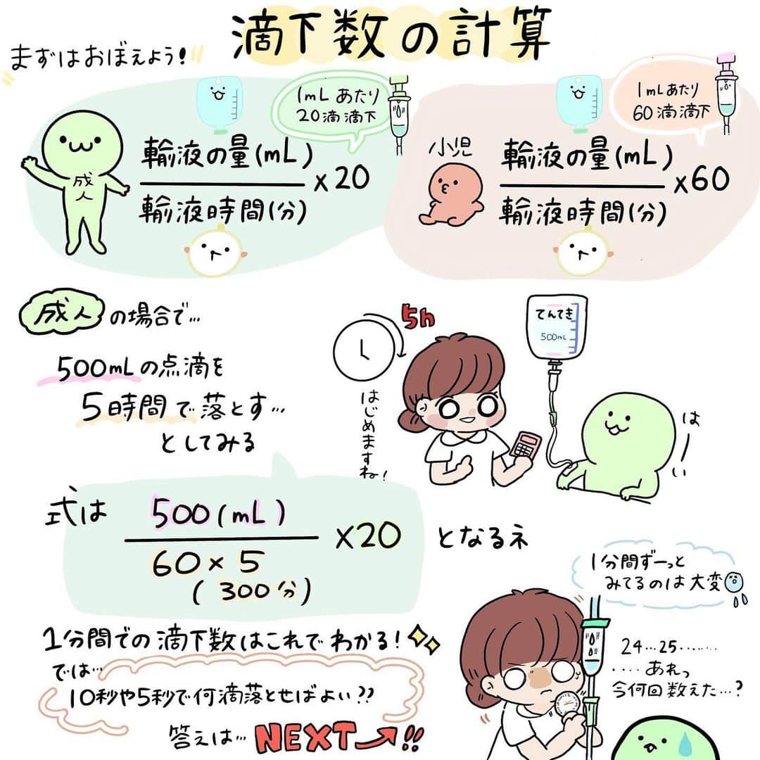 はやのインスタグラム：「看護roo!さんで点滴の滴下数の計算についてイラストを描かせていただきました😊 前描いたものよりわかりやすくなった〜！！ 3つの方法が載ってます。 ストーリーやハイライトから見てね👀  #看護師#看護師あるある#ナース#看護師の勉強垢#看護師国家試験#イラスト#看護学生」