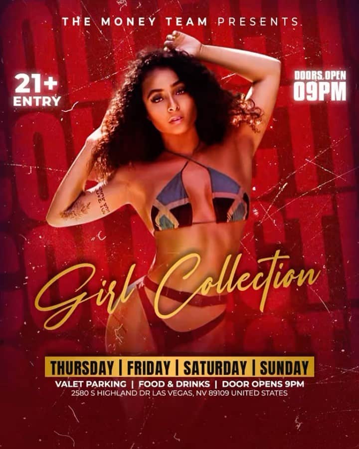 フロイド・メイウェザー・ジュニアのインスタグラム：「GIRL COLLECTION IS THE PLACE TO BE IN VEGAS ALL WEEKEND LONG  DOOR OPENS @ 9:00pm   •THURSDAY •FRIDAY •SATURDAY •SUNDAY  Must be 21 To Enter.  Ladies are welcome with or without male companion.  Come party at the best most luxurious venue in Las Vegas “Girl Collection”  GIRL COLLECTION 2580 S Highland Dr Las Vegas, NV 89109 1 -(844) 447-5758  #GirlCollection  @girl.collection_lv」