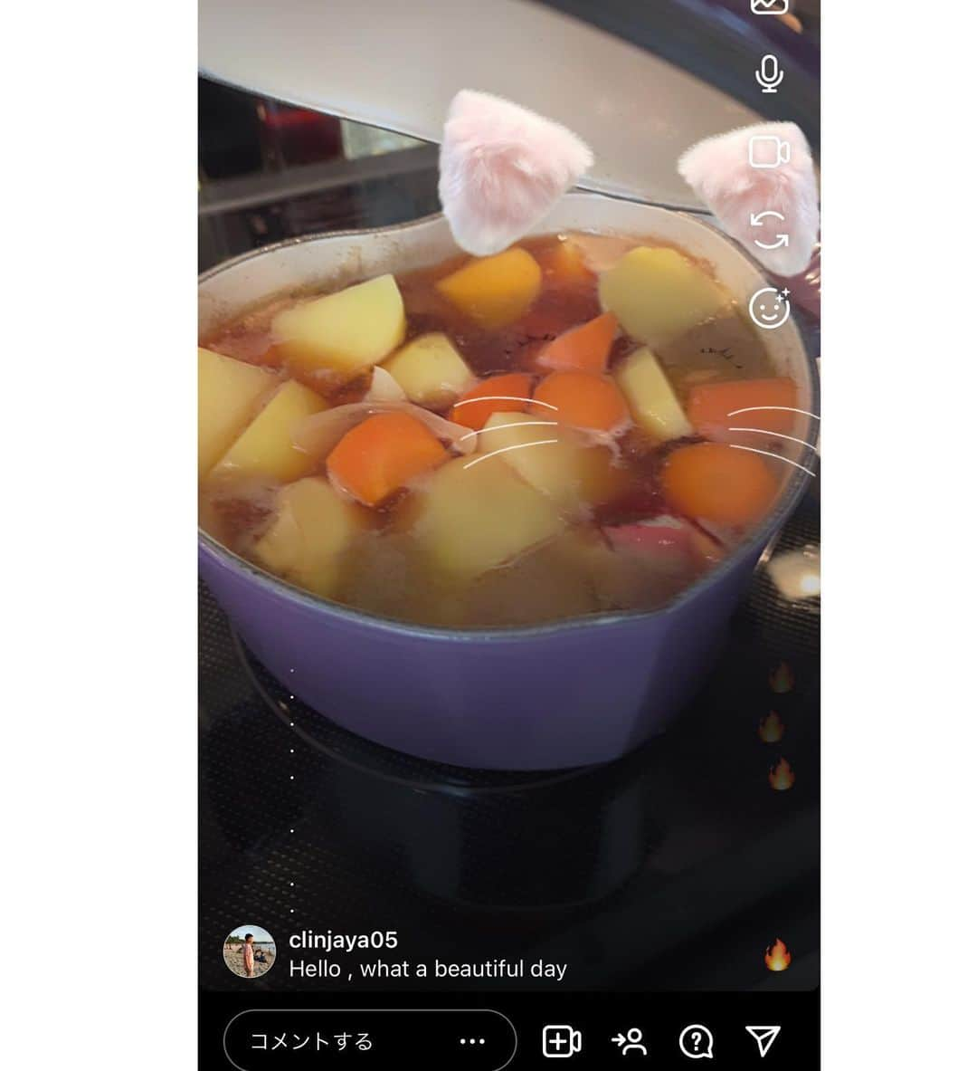 天木じゅんさんのインスタグラム写真 - (天木じゅんInstagram)「🥔🥕🥩🧅🌞  インスタライブしながらご飯作ったよ🔥 冷凍したい長ネギも沢山！ こうしておくとお味噌汁とか楽なんだぁ  今日は肉じゃがにしましたっ ローカット玄米 納豆 明太子 山椒沢庵 りんご  いただきますっ  ライブ中鍋の中に猫ちゃんフィルター反応したから 野菜にも顔があるんだねっ  ちなみに、まだダイニングテーブル届いてないからキッチンでご飯食べてる  #天木ごはん #肉じゃが」7月10日 13時04分 - jun.amaki