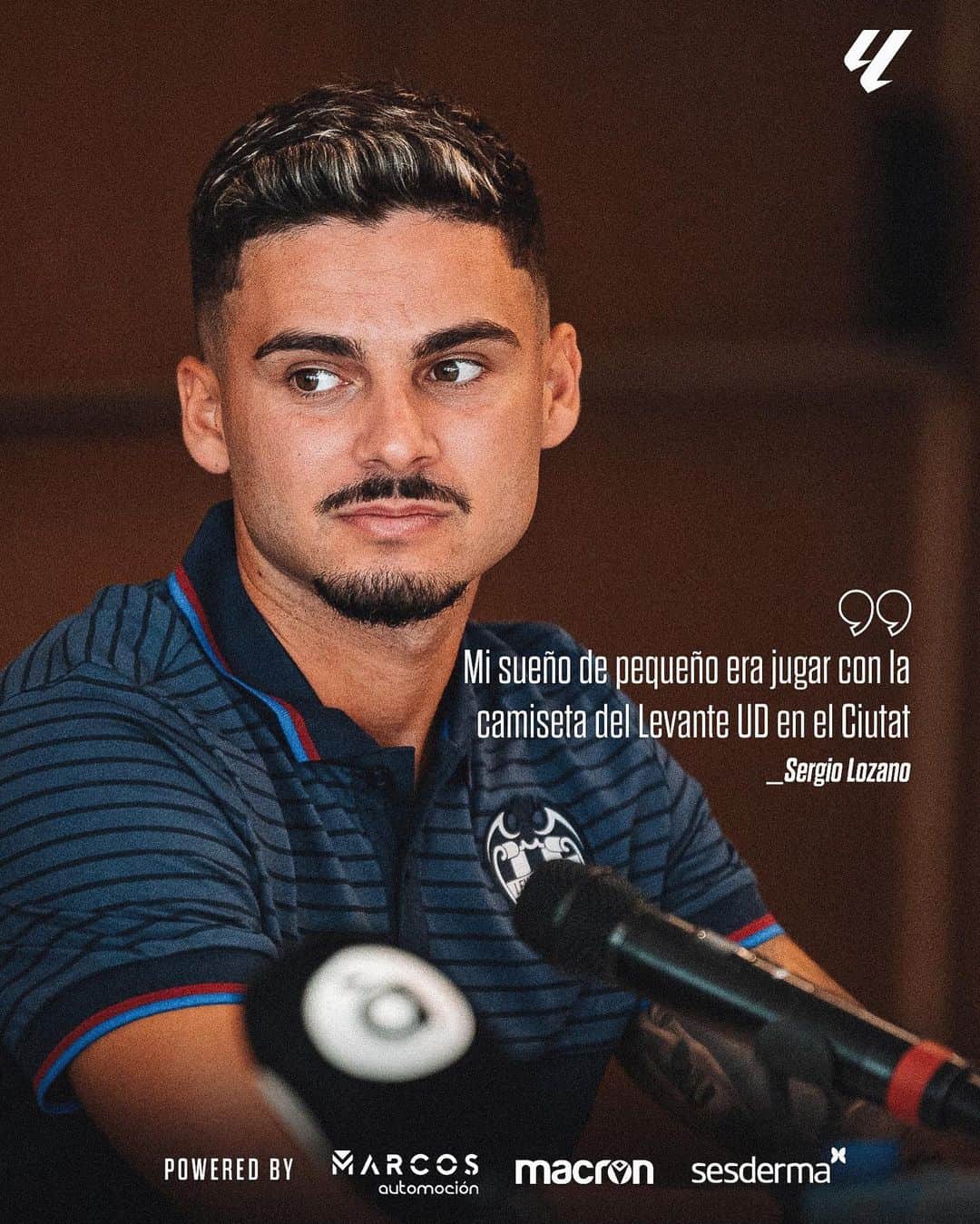 レバンテUDのインスタグラム：「🗣️🐸 Sergio Lozano al habla   • @grupomarcosautomocion @macron @sesderma @baleariaferry @amstel_es @cocacola_esp」