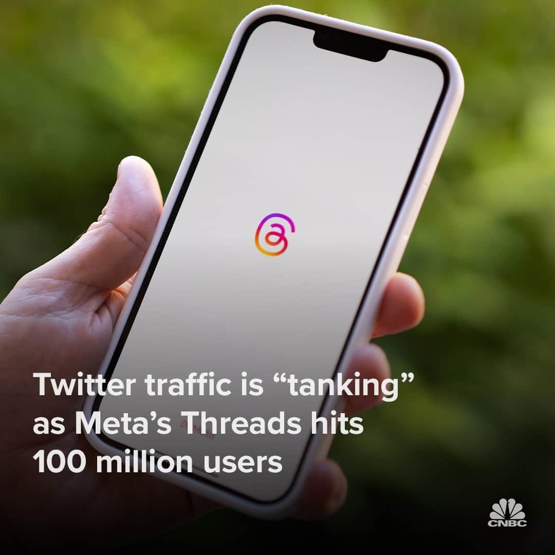 CNBCのインスタグラム：「User traffic on Twitter has slowed since the launch of Meta’s text-based platform Threads, which has already surpassed 100 million sign-ups since its debut last week.⁠ ⁠ “Threads reached 100 million sign ups over the weekend. That’s mostly organic demand and we haven’t even turned on many promotions yet. Can’t believe it’s only been 5 days!” Meta CEO Mark Zuckerberg said in a post on Monday. Threads reached the 100 million milestone even faster than OpenAI’s generative chatbot ChatGPT, which surpassed 100 million monthly users in two months.⁠ ⁠ Twitter appears to have taken a hit. Matthew Prince, CEO of Cloudflare, shared a screenshot to Twitter Sunday showing that traffic on the platform was “tanking.”⁠ ⁠ Full story at the link in bio.」