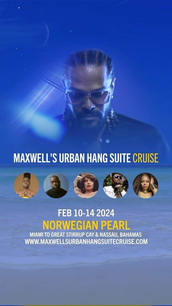 マックスウェルのインスタグラム：「join us on valentine’s day wknd 2024 🌊 :  ledisi @robertglasper @sabrinaclaudio  @musiqsoulchild @leelajamesofficial @sogallant : www.maxwellsurbanhangsuitecruise.com」