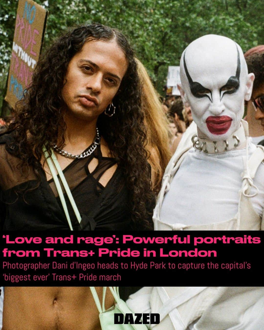 Dazed Magazineのインスタグラム：「This weekend, around 25,000 people took to the streets of London to demand equal rights for trans people in the UK 🏳️‍⚧️⁠ ⁠ The Trans+ Pride 2023 event – which is the fifth of its kind to take place in the capital – saw marchers rally through Trafalgar Square and Piccadilly, before eventually culminating in Hyde Park Corner. Speakers included performance artist @TravisAlabanza actress @yazdemand and model @MunroeBergdorf with the latter reminding the gathered crowds that the event was, primarily, a protest – a day about both “love and rage”. ⁠ ⁠ Most of the anger was targeted at the Tories, whose polarising (and often needlessly cruel) policies have led to an increase in transphobic harassment. “We are in a particularly sinister moment in history,” Bergdorf said, “where trans rights are are being weaponised by the media and government in a senseless culture war that benefits no one but the ruling class”. ⁠ ⁠ And, despite the grim context and drizzly skies, the mood was defiant and uplifting, according to photographer @remainsofd ⁠ ⁠ “The rain made it all the more challenging but then the sun came out and shone on such a beautiful and special day,” they say. ⁠ ⁠ Click the link in our bio to see more 🔗⁠ ⁠ 📷 @remainsofd⁠」