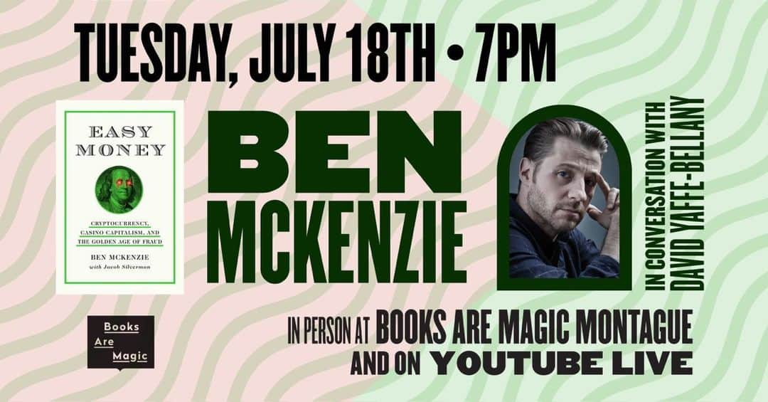 ベンジャミン・マッケンジーのインスタグラム：「There are still a few tickets available for next week. Go to https://www.eventbrite.com/e/in-store-ben-mckenzie-easy-money-w-david-yaffe-bellany-tickets-638927036967?aff=oddtdtcreator」