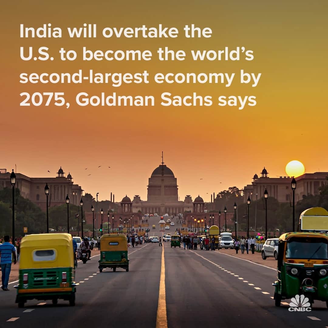 CNBCのインスタグラム：「India is poised to become the world’s second-largest economy by 2075, leapfrogging not just Japan and Germany, but the U.S. too, says Goldman Sachs.⁠ ⁠ Currently, India is the world’s fifth-largest economy, behind Germany, Japan, China and the U.S.⁠ ⁠ Details on what factors are driving the forecast at the link in bio.」