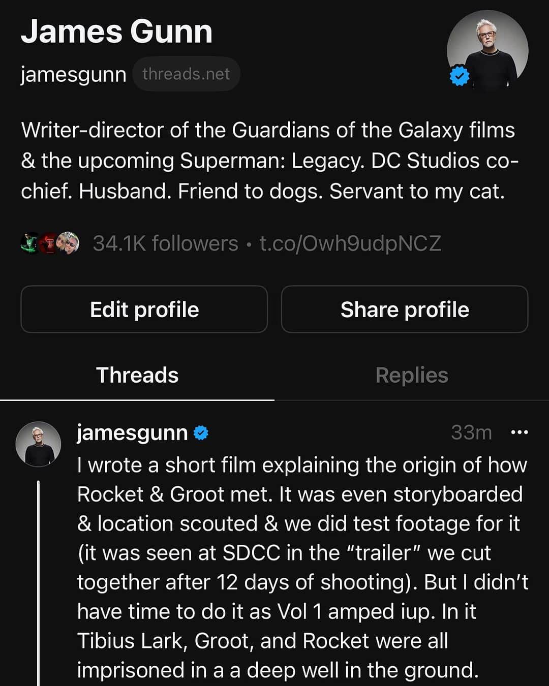 ジェームズ・ガンさんのインスタグラム写真 - (ジェームズ・ガンInstagram)「Explaining Rocket & Groot’s backstory on Threads, and the short film we never made about their meeting」7月11日 2時38分 - jamesgunn