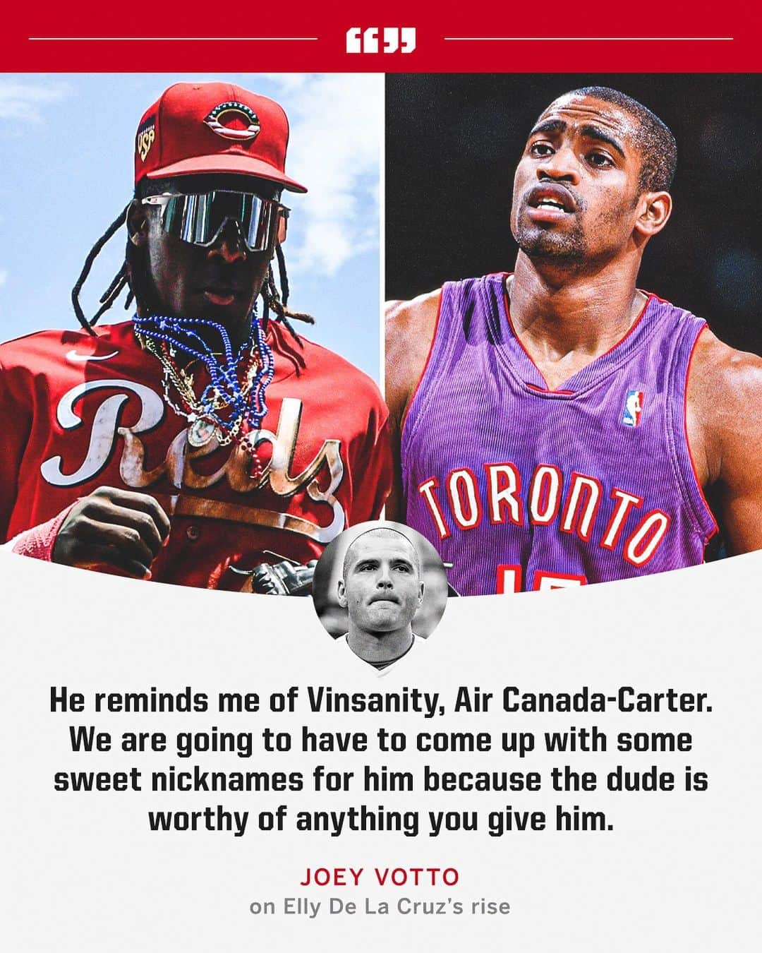 espnさんのインスタグラム写真 - (espnInstagram)「Joey Votto compared the rise of his teammate Elly De La Cruz to Vince Carter’s Toronto days 🙌  (🎥: RedsPR/TW)」7月11日 3時12分 - espn