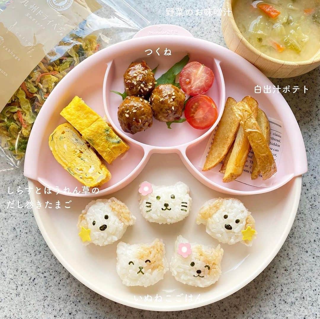 sunao831《九州の野菜不足サポート専門店》のインスタグラム：「栄養たっぷりの美味しいグルメを宮崎からお届け！ すなお食堂▶▶▶ @sunaosyokudou_official  @leah_babyfood 様の投稿をご紹介いたします✨ ‥‥‥‥‥‥‥‥‥‥‥‥‥‥‥‥‥‥‥‥‥ 𓌉𓇋 ‎🤍 ̖́- ⁡ ⁡ #いぬねこごはん #つくね #しらすとほうれん草のだし巻きたまご #白出汁ポテト #野菜のお味噌汁 #🍅 ⁡ ⁡ お味噌汁の具は @sunaosyokudou_official さんの ドライベジを使いました😊💓 ⁡ PRとかではなく、 個人的に購入させていただきました♡ (以前はお出汁をいただいて、とても良かった！) ⁡ 野菜切るのも面倒くさい時など、 とっても便利なドライベジ。 ⁡ 焼きそばとかにも使いたい☺️𓎩𓌉𓇋  𖤣𖥧𖥣｡𖥧 𖧧𖤣𖥧𖥣｡𖥧 𖧧𖤣𖥧𖥣｡𖥧 𖧧𖤣𖥧𖥣｡𖥧 𖧧  可愛い型抜きも合わせて楽天room載せておきますね♡ ⁡ ⁡ ⁡ いつもご覧いただきありがとうございます💓 𝕋𝕙𝕒𝕟𝕜 𝕪𝕠𝕦 𓇥 ⁡ ⁡ ⁡ . ⁡ ⁡ #3歳 #育児 #成長記録 #女の子ママ #離乳食 #離乳食初期 #離乳食中期 #離乳食後期 #3歳ごはん #こどもごはん #幼児食 #ごはん記録 #子供の夜ごはん #ミニウェア #miniware #手作りごはん #アニマルごはん #キャラ弁 #子育てママ #すなお食堂アンバサダー  ■◆■─────────────  栄養たっぷりの美味しいグルメを宮崎からお届け！ 「すなお食堂」の公式アカウントです。 ▶ @sunaosyokudou_official ＜食と想いで笑顔をはぐくむ＞をモットーに カラダにやさしく、便利なグルメを 九州の宮崎からお届けしています🌴  #すなお食堂 と #商品名 をタグ付けして どしどし投稿お待ちしております✨ #国産 #九州」