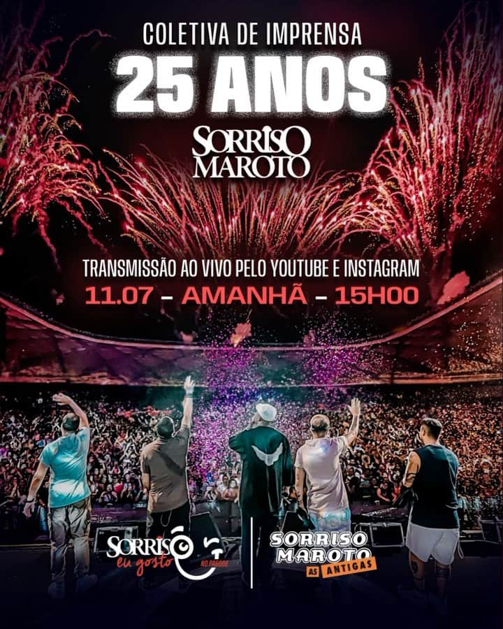 Sorriso Marotoのインスタグラム：「Fala turma, estão por aí? 👀 Já anota na agenda, AMANHÃ faremos uma coletiva de imprensa para falar sobre os projetos de comemoração aos nossos 25 anos de banda ♥️  Queremos dividir os nossos próximos passos e lançamentos com vocês que sempre nos acompanham, por isso também vamos transmitir online através do Instagram e do nosso canal no YouTube. 💥  O convite tá feito, fiquem ligados. Essa terça a partir das 15h, vamos esperar vocês ao vivo! Bora! ✌🏽」