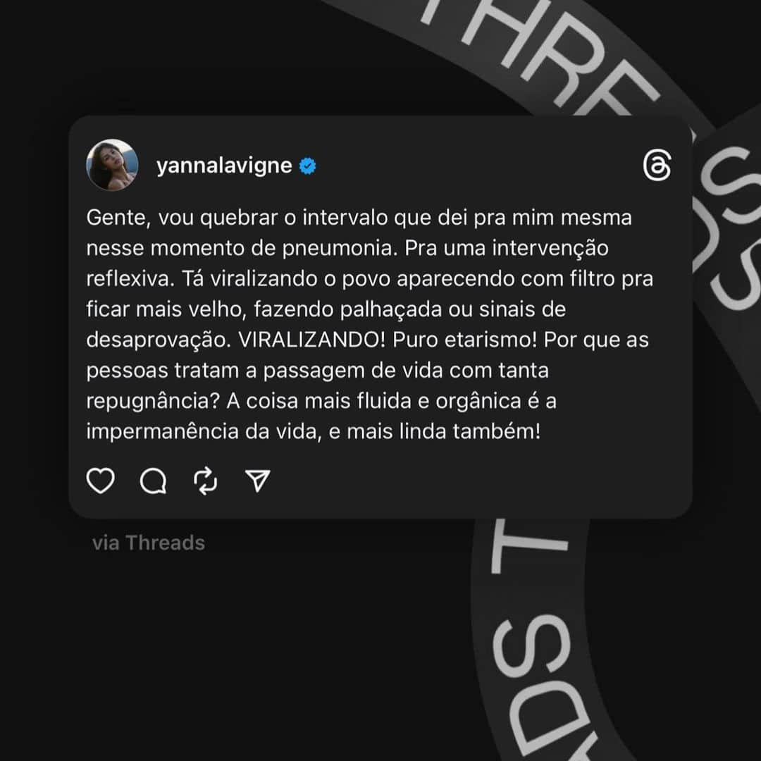 Yanna Lavigne 稲垣アンのインスタグラム：「Precisei quebrar o silêncio do meu intervalo comigo mesma de vida. Só eu tô achando um absurdo o povo fazendo piada com esse filtro e o engajamento achando graça? Oi? O THREADS VEIO AÍ, sigam-me. SÓ OS BONS 🤍」