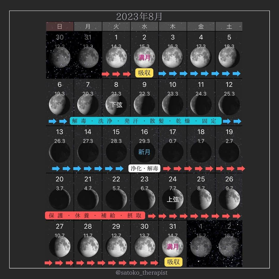 笑顔をリフォームする@健康小顔職人のインスタグラム：「〈月齢カレンダー🌙2023/08〉 ⁡ こんにちは、國枝さとこ @satoko_therapist です🐋💫  梅雨明け前、本格的な夏の前 湿度の高い暑さが続いていますね🥵 ⁡ この時期は体の中も熱がこもりやすく、 中医学的には『湿熱』 体の中にある余分な水分「湿」と 「熱」が合わさり体内ヘドロがある状態。 ⁡ ヘドロとは排水管でいうところのヌメリの様なもの。 ⁡ 湿熱になってしまうと、 食欲不振、便秘、咳、鼻詰まり、湿疹、イライラする、 やる気が起きない等、様々な不調がでてきます。 ⁡ それに月齢のエネルギーが重なると ネガティブな気持ちが更に加速し、  ／ 😭とにかく辛い！  ＼ そんなお客様が多い様に感じています。 ⁡ 体と心は繋がっています。 まずは自分を大切に扱う🤲 （内臓の冷えをとる、水分をたっぷり摂る、 食事に気を使って体を整える） 体の状態が良くなると心も整ってきます。 ⁡ そうすると、月齢などの私達人間では コントロールできないエネルギーにも ブレなくなってきます！ ⁡ なんと8月は満月🌝が2回！ 大変な時期ですが、 「自分を愛でる」をモットーに 一緒に乗り越えましょうね💪 ⁡ ---------------------------🌙✨ ⁡ 満月の夜に産卵するカニの話は有名ですが 人間の出産や死も「満月」や「新月」に多いことは統計上明らかだそうです🦀🤱 ⁡ また、女性の月経周期の平均は29.5日で月齢の一周期と全く同じです。 このような不思議な一致からも、 私たちの身体は月の満ち欠けの影響を受けていると考えられます。 ⁡ 人体のおよそ３分の２は「水分」=「海」なので 海と同様に身体の中で潮の満ち引きが起きているというわけです。 ⁡ そして月の満ち欠けに合わせて 私たちの生活もスケジューリングしていくと 自然と物事が上手くいくのです💡 ⁡ 8/1.8/17-8/30🌒🌓🌔上弦の月 ↓↓↓↓↓ 満ちていく月、上弦(新月から満月までのおよそ１４日間)は 「補給」「摂取」つまり身体が色々なものを吸収してエネルギーを蓄えるほか「保護」と「休養」を促します。 ⁡ 普段と同じものを食べても普段より太りやすくなるので注意！ とりわけビタミンやミネラルはよく吸収されます。 ⁡ 一方で、むくみも起りやすいので満月に近づくにしたがって手術をするとその後の経過がだんだん悪くなる傾向があり副作用がひどくなることもあります。  ⁡ 8/2.8/31🌕満月 ↓↓↓↓↓ 満月の日は身体が何でも(人工添加物などでも)良く「吸収」します。  何を食べても太りやすくなるのでダイエットには向いていません。 ⁡ 感情の起伏も大きくなりイライラすることが増え、ついつい衝動的な行動にでたり他人とぶつかりやすくなるので注意が必要です。 ⁡ また「完了」「達成」のエネルギーに満ちているので、今まで手放せなかった習慣・人間関係・持ち物を解放すると次のステージへと進むことが出来ます。  満月のパワーが働き、自然と手放すように働きかけてくれます🌝 ⁡ 8/3-8/15🌖🌗🌘 下弦の月 ↓↓↓↓↓ 欠けていく月、下弦(満月から新月までのおよそ１４日間)は 「解毒」「洗浄」「発汗」「散髪」「乾燥」「固定」などの作用があります。 新月に近づくほど、その力は強まります。 ⁡ 手術や治療などは全てこの時期に行うとよいです。  手術の成功率が高く、回復期間が短くてすみます。  傷口からの酷い出血ということもなく、醜い傷跡が残る度合いも少ないのです。 ⁡ 家事では、消毒や掃除、洗濯などは効果が高いということになります。 ⁡ 8/16🌑新月 ↓↓↓↓↓ 身体の「浄化」や「解毒」に最適。 そして何か新しいことを始めるのも良いでしょう。 たとえば禁煙禁酒などをスタートさせたりするのにも向いています。 ⁡ また新月には自殺が多いと警視庁の発表にも明記されているので注意が必要です。 ⁡ ✎＿＿＿＿＿＿＿＿＿＿＿＿＿＿ ⁡ ℹ️サロンメニュー（施術・セッション）のご予約、 講座のお申し込みは公式LINEから承っております →プロフィール🔗から簡単お友達登録可能♪ 最新の空き状況はInstagramストーリーで 随時お知らせしております📢 ⁡ ▶︎人々に感動を与える施術を🫳✨ #セラピスト養成スクール #ヘッドスパ講座 『1DAYドライヘッドスパPro講座』 7/18(火)12:00→🈳残2名様 7/28(金)9:00→🈵🙏 8/2(水)10:30→🈳残1名様 他日も開催リクエスト受付中♪ ⁡ ▶︎「あなた史上最小」のお顔作ります💆‍♀️ #オールハンド小顔整顔 ⁡ ▶︎その日その時のお身体にあわせて #オーダーメイドボディ整体 ⁡ ▶︎「あなたのトリセツ」作ります！✍️ 風水薬膳®︎茶&五行推命養生セッション ⁡ ▶︎國枝さとこ監修温活アイテム♨️🌿 #nakeda_alphaハーブパッド ▷▷@nakeda_alpha」
