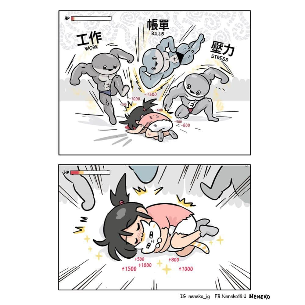 9GAGさんのインスタグラム写真 - (9GAGInstagram)「my cat would join them to beat me up  ✍🏻 @neneko_ig  - #cat #stress #work #bills #adulthood #comic #9gag」7月11日 13時00分 - 9gag