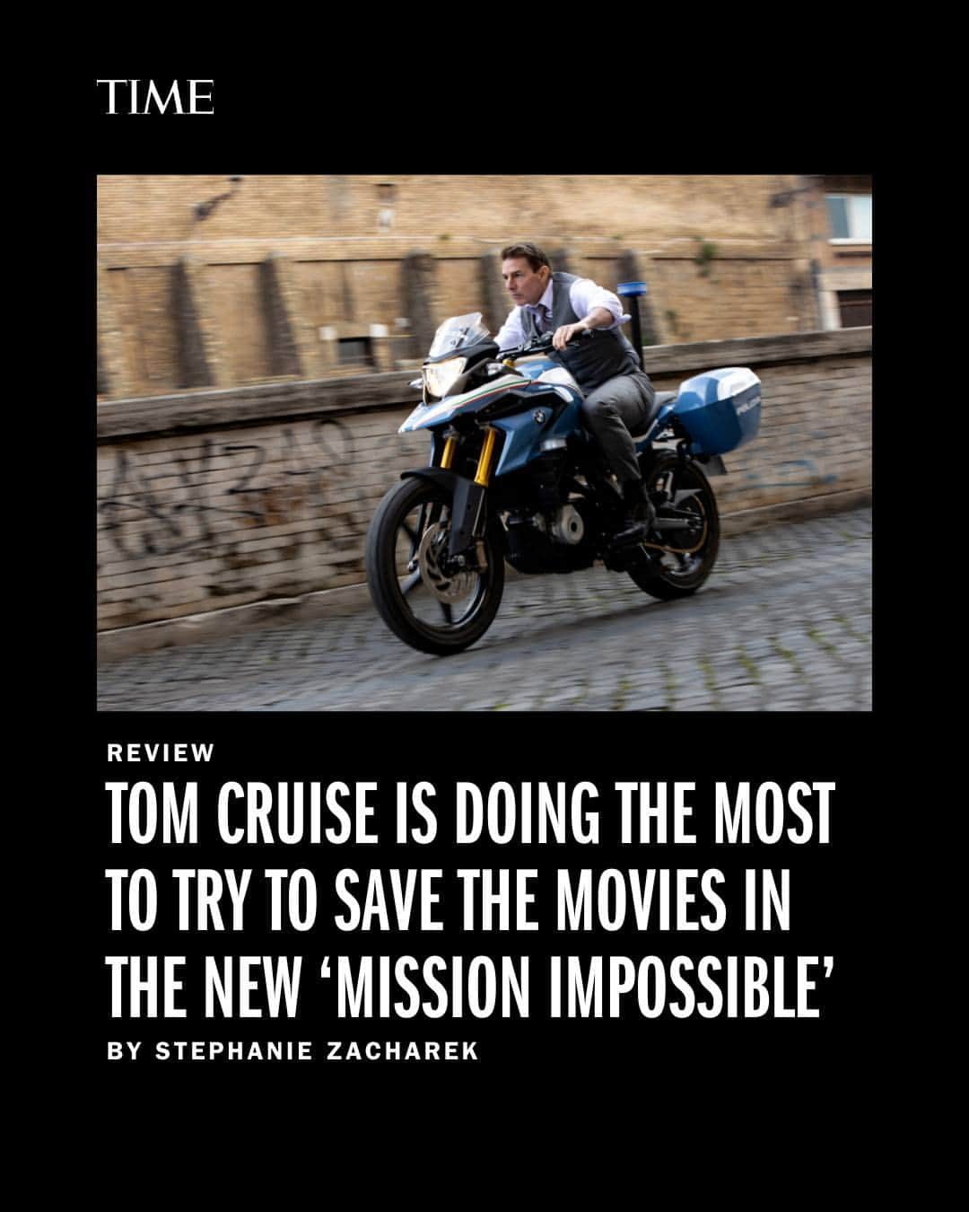 TIME Magazineのインスタグラム：「At the end of the apocalypse, after the sun has fried every flower and tree, as the last skyscraper turns to dust, when each extant cockroach has gone belly-up with x’es for eyes, there will be one man standing tall, or somewhat tall: Tom Cruise is forever, and if that idea may have seemed mortifying 40-odd years ago, it’s more palatable now.   Tom Cruise has never been a great or subtle actor, but he has grown into a perfectly watchable one, and that has come to mean more at a time when the movies are shrinking, literally and metaphorically. He’s the star attraction of the seventh #MissionImpossible film, Dead Reckoning Part One, and he carries the film ably on his back, along with his always-at-the-ready parachute.   Cruise, still in love with what big mainstream movies used to be, has become a chivalric dreamer, striving to ensure their survival by sheer will. Maybe he can pull it off and maybe he can’t. But at least there’s some pleasure to be had in watching him try.  Read TIME's full review of the film at the link in bio.  Photograph by Christian Black—Paramount Pictures」