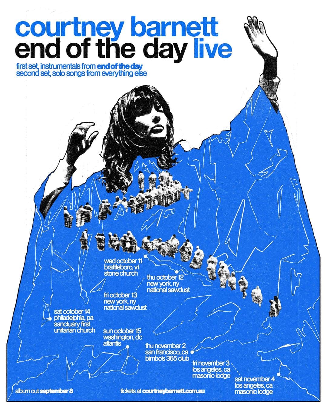 コートニー・バーネットのインスタグラム：「Announcing some intimate shows to celebrate the release of End Of The Day. The first half of the show will be instrumental, and the second half will be a solo selection of songs from the back catalogue.   Pre-sale starts at 10am local on Wednesday 12th July. Sign up at the link above for first access to tickets 💚💙  Artwork by @sebi.white」