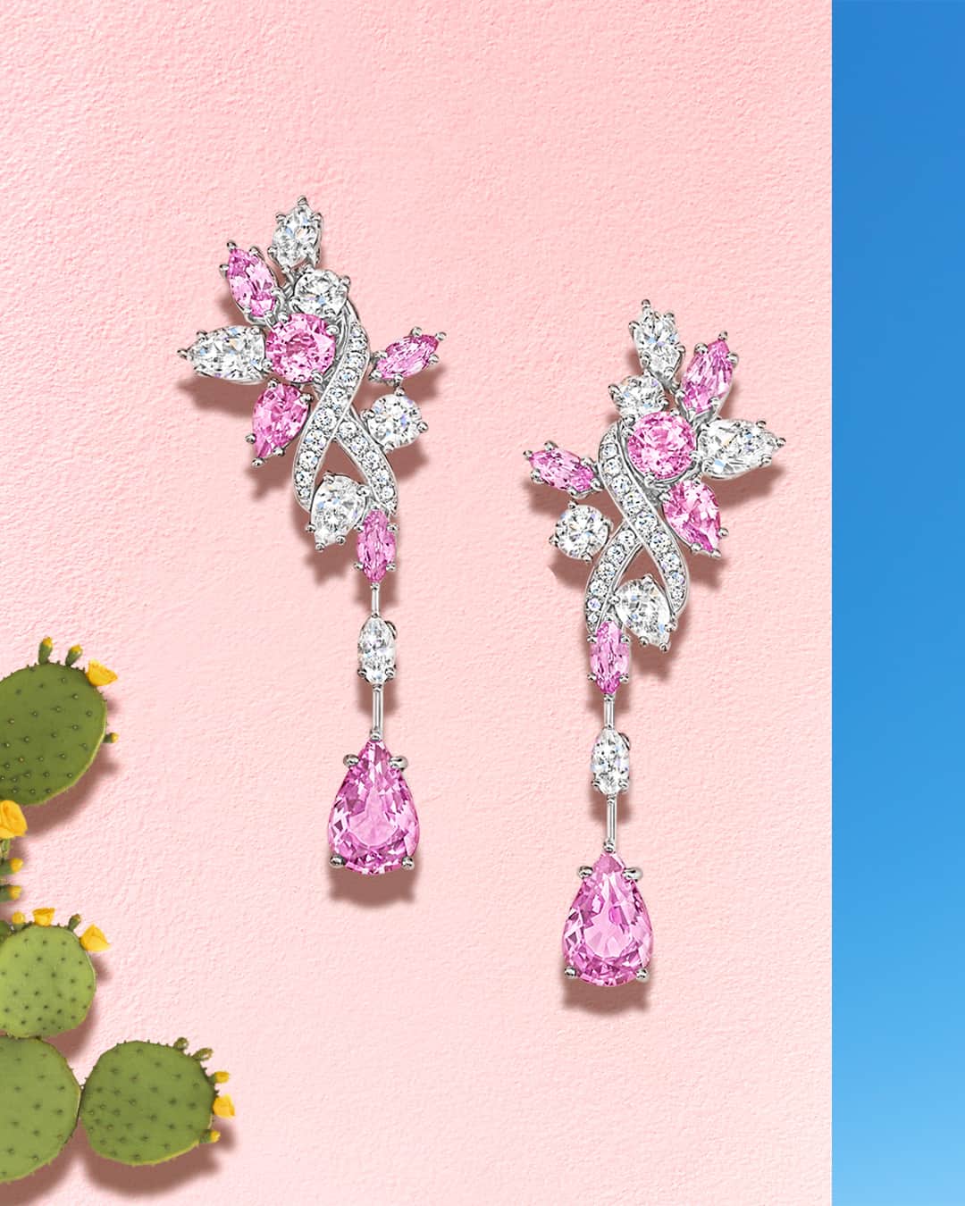 ハリー・ウィンストンのインスタグラム：「Pink sapphires and sparkling diamonds capture the warm hues of a dreamy desert landscape in these Secret Cluster drop earrings. Brighten your summer look with vibrant accents by tapping the link in bio. #HarryWinston #WinstonHighJewelry」