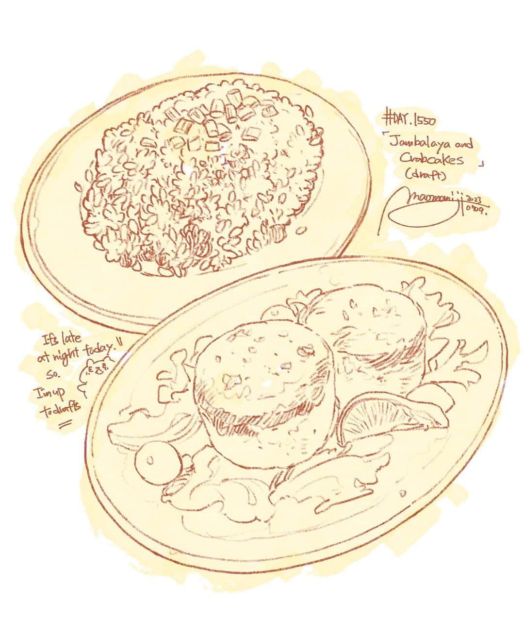 のインスタグラム：「『#DAY1550/「Jambalaya and Crabcakes(draft)」』  もみじ真魚/MaoMomiji 2023年7月11日 04:01  It's been a while since I've had a drink without losing track of time, and it's the middle of the night."  I came to New York and was invited to a meeting, which led to a series of encounters, and before I knew it, I was drinking until 2:00 a.m.  I worked hard to finish the line drawings, but I want to add colors and comics, so I will finish the finished version tomorrow. Good night.  「久しぶりに時間を忘れて飲んだら真夜中」 ニューヨークに来てお誘いいただいた縁から、あれよあれよと出会いが繋がって、気がついたら夜中の2時まで飲んでました。頑張って線画まで描き上げましたが、色やコミックもつけたいので完成版はまた明日。おやすみなさい。  #日刊ごはんが好き #foodie #foodieart #dailyilovefood  #毎日更新 #foodillustration #fooddrawing #もみじ真魚 #maomomiji #飯テロ #美食」