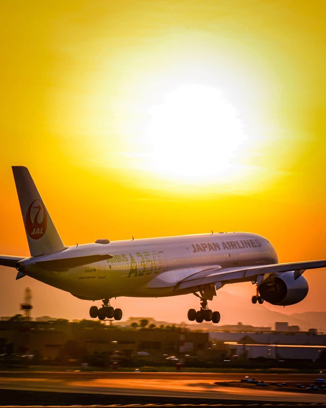 JALのインスタグラム：「. エアバス #A350 ✈️ いつもより凛々しい後ろ姿…✨ #FreshAirJuly . . Photo by @kous_film Post your memories with #FlyJAL  #JapanAirlines #JAL #airplane #✈︎ #jal #飛行機 #飛行機写真 #飛行機撮影 #飛行機のある風景 #飛行機のある空 #飛行機好き #夕日 #夕焼けハンター #千里川の土手 #鶴丸 #旅行 #日本航空」