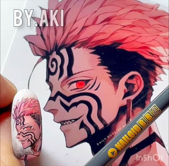のインスタグラム：「呪術廻戦✡️  虎杖 悠仁（いたどり ゆうじ）  今期出てこんな…😅  ⭐️⭐️NEW BRUSH⭐️⭐️ NAILOID BY.AKI からついに新しいブラシのお知らせが出来ますぅ😆  プロ仕様だけど 価格は誰でも低価格で購入出来ます！  ブラシは3本！ 先ずはこちらの1本お披露目です❤️  今まで同様、メチャクチャ拘って どんな人にも使いやすい長さ、毛質、毛量、になっています！  詳細は追々InstagramでUPしたいきますので 皆さん宜しくお願いしますっ🤗  @nailoid.by.aki   #呪術廻戦  #zyuzyutukaisen  #虎杖悠仁  #itadoriyuuji   @by.aki #anime#manga#NAIL#ジェルネイル#ネイル#福岡#福岡市#全てジェルネイル#手描きネイル#all.gel#痛ネイル#ネイリスト#キャラネイル#네일#gel甲#美甲#爪甲」