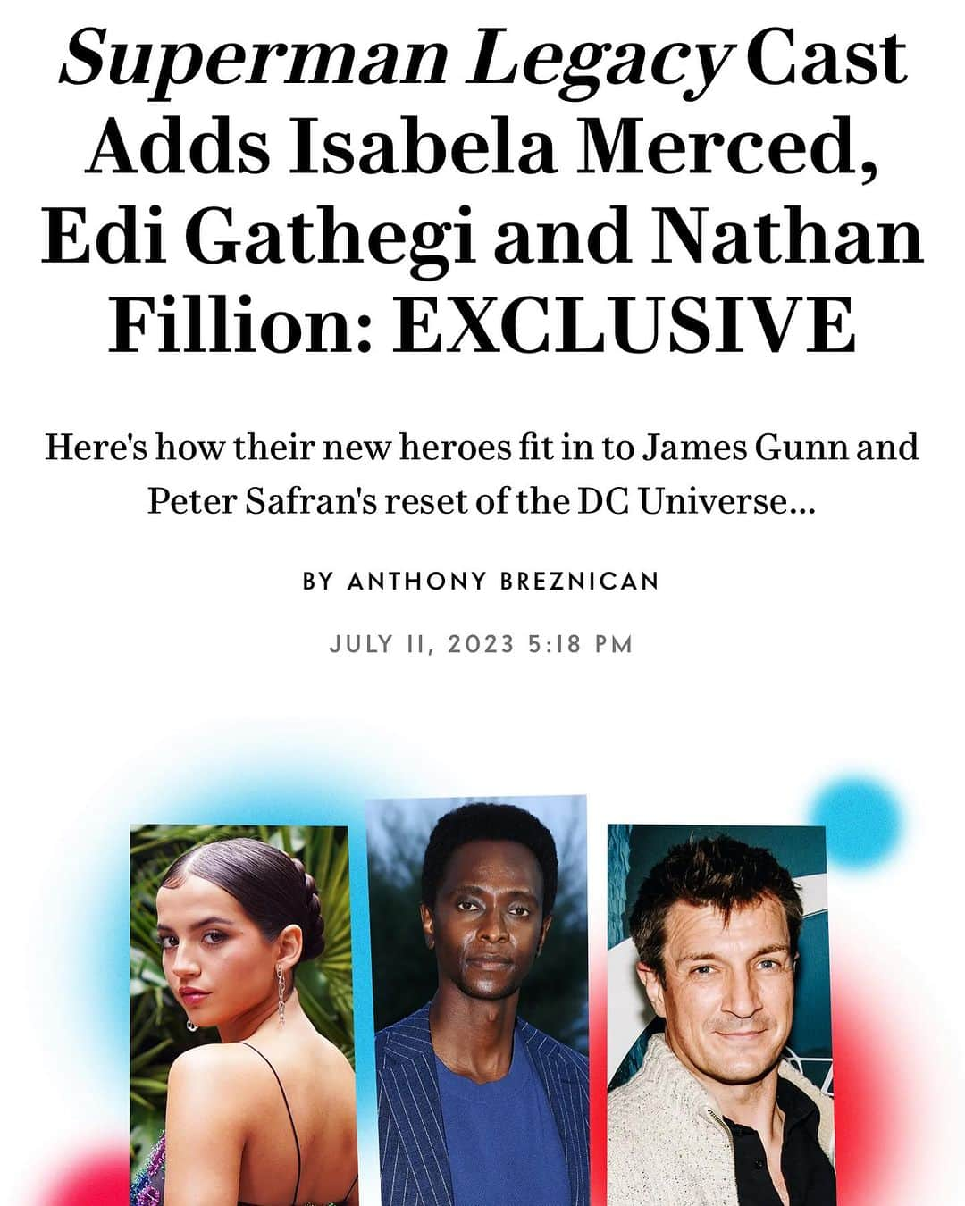 ジェームズ・ガンのインスタグラム：「Hooray! Welcome to the Superman: Legacy cast, @isabelamerced as Hawkgirl, @iamedigathegi as Mister Terrific, and my old pal @nathanfillion as Green Lantern Guy Gardner!」