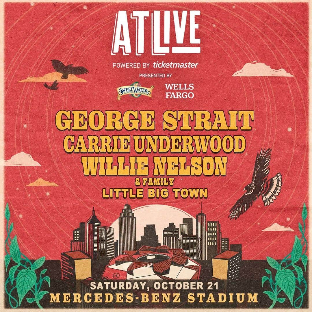 キャリー・アンダーウッドのインスタグラム：「Atlanta, I can't wait to see you October 21 at Mercedes-Benz Stadium for ATLive with @georgestrait, @willienelsonofficial & Family, and @littlebigtown! ❤️ Tickets on sale Friday, July 21.」