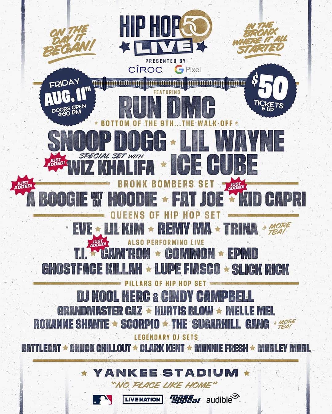 ニューヨーク・ヤンキースのインスタグラム：「New artists were JUST ADDED to the legendary #HIPHOP50LIVE lineup going down on Hip Hop’s 50th birthday - August 11th - Yankee Stadium - in the borough where it all began - - in the Boogie Down Bronx! 💪🏾🏆」