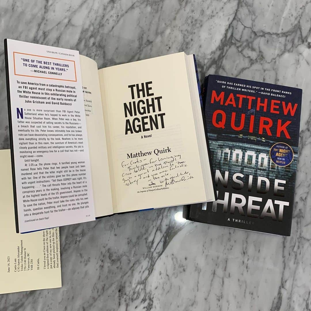 カーティス・ラムさんのインスタグラム写真 - (カーティス・ラムInstagram)「Shoutout to @matthewquirkauthor for these new & delicious reads!   It was an honor playing Cisco on #thenightagent + It has been very inspiring to see your words come to life on screen.  Now Let's dive in to see if Cisco has a twin in the new "Inside Threat"... (probably not). (But possibly triplet brothers)? ❤️‍🔥🙏🏼🫶🏼」7月12日 6時24分 - hansumlum