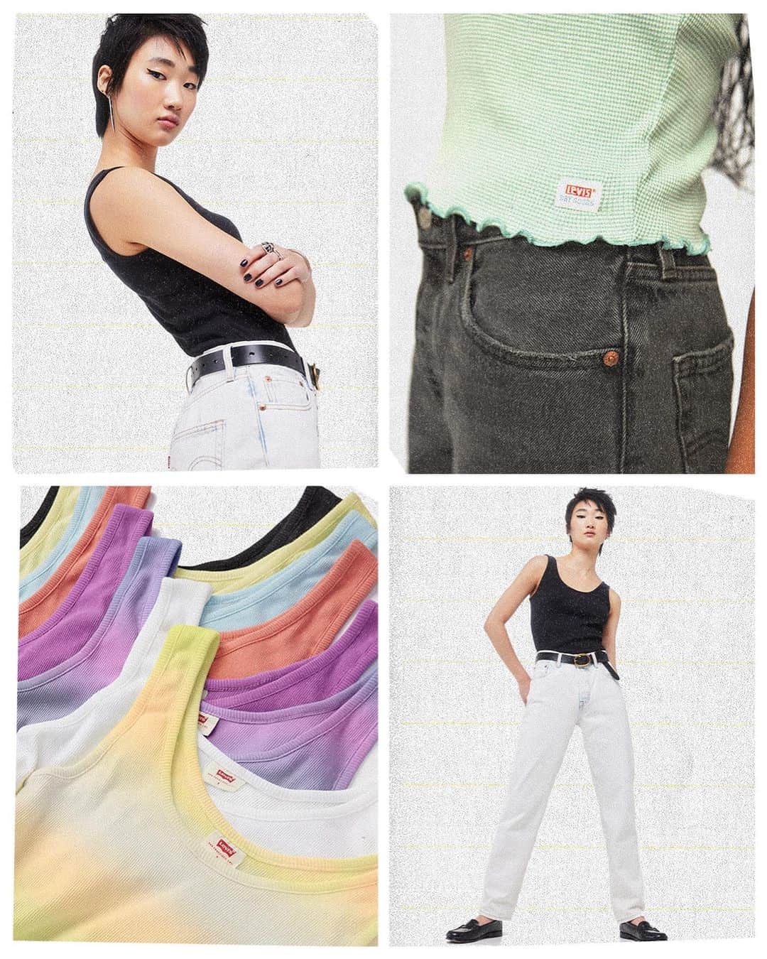 Levi’sのインスタグラム：「Your one-stop tank top shop is right here. From classic cut to ’90s sweater-knit. In basic colors and gorgeous gradients.  Shop these sleeveless shirts and more with the link in bio or stories.」