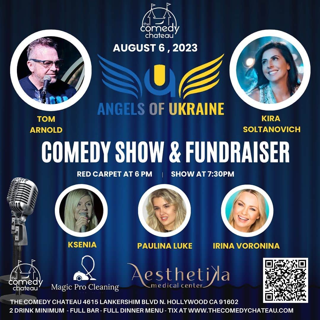 イリナ・ヴォロニーナのインスタグラム：「I am so excited to partner up with @angelicakotliar and @angels_of_ukraine_ to produce a comedy fundraiser at @thecomedychateau ! 🇺🇦❤️  Ticket link in bio!! Your support is always appreciated!!! I am stoked to have @thetomarnold and @kiracomedy headline!! Get you tix now !! 🎟️🙏🏼  >> Red carpet @6pm, show @7:30pm! The event sponsored by @aesthetikamc @magicprocleaning   #standupcomedy #thecomedychateau #istandwithukraine #angelsofukraine #fundraising #irinavoronina #tomarnold #comedyforacause」